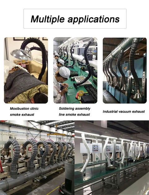 Multiple Heavy Duty Industrial Fume Extractor Arms With Two To Three Inch Heat Resistant Flexible Dust Hose In Various Applications.