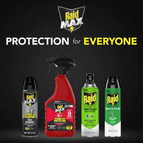 Spider And Scorpion Killer Spray 12 oz Raid Max variety, including indoor and outdoor use pesticides for insects and bugs.