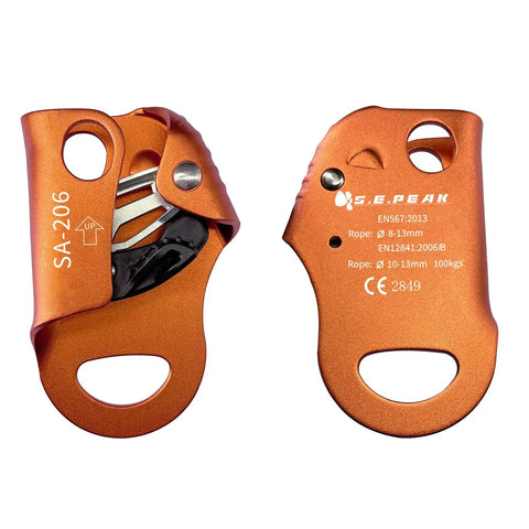 CE Safety Certified Chest Ascender, 100 Kg Load, 8-13 Mm Rope, Orange, Side and Front Views, Upgraded SUS431 Cam.