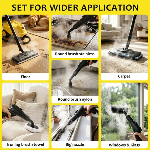 Udodik 300 Degree Steam Cleaner For Home With 21 Accessories And 4.5 Bar Pressure Variable Steam Control Large 1.5L Water Tank cleaning various surfaces including floor and carpet.