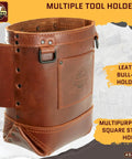Nut And Bolt Bag From Ambassador Series Chestnut Brown Top Grain Leather Tool Bag And Belt For Ironworkers Built Tough Pro Grade Durable Organizer For Professional Use AS2585, showing front view with bull-pin holders and steel hooks.