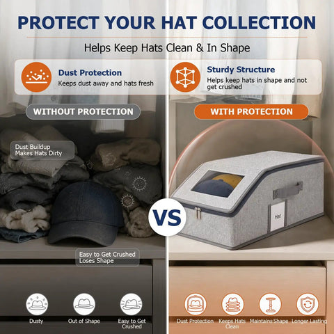 Stackable Hat Organizer 2 Pack Baseball Cap Storage Rack structured box with hatted design for closet protection.