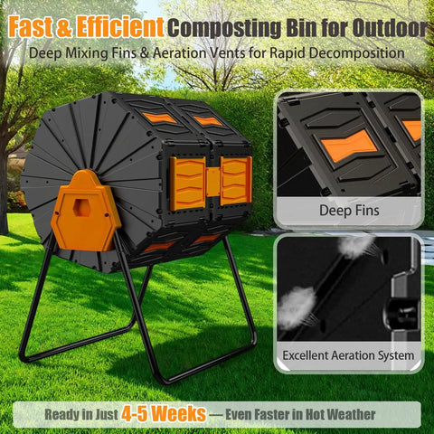 Dual Chamber Rotating Compost Bin Outdoor No Bending No Lifting 45 Gallon Tumbling Garden Bin With 360 Degree Rotation BPA Free