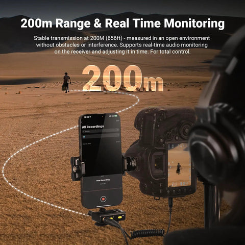 Pro Grade Wireless Lavalier Mic Set With Dual Transmitters And Receiver, 200m range, mic attached to camera for recording
