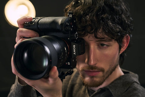 Photographer holding camera with VGC6 Vertical Grip For Alpha 7R VI With Dual Battery Power, Ergonomic Front And Rear Dial Alignment
