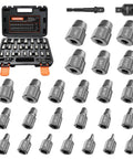 27 Piece Screw Extractor Set With Three Eighth Inch Drive Pro Grade Heavy Duty Chrome Molybdenum Alloy Steel Bolt Remover Multi Spline Easy Out For Broken Bolts Screws Studs displayed with carrying case and various sizes of extractors.