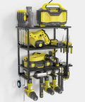 Must Have 4 Layer Power Tool Organizer Wall Mount With Heavy Duty Metal Shelves Cordless Drill Holder And Screwdriver Tray 300 Lb Capacity Space Saving Garage Storage Rack For Tools And Chargers visible in a workshop setup with tools.