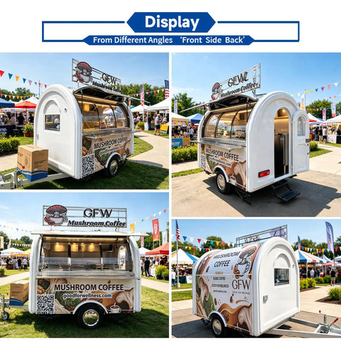 Boot Up Your Culinary Hustle With This Dope Mobile Catering Trailer Featuring Smooth AC Cooling And A Crisp White Mailbox Layout Perfect For Cafe Setups Or Street Food Ventures Straight From The Factory Floor With No Rip Off Pricing - Display of mobile catering trailer from four angles including front, back, and side views.