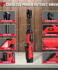 Cordless Electric Ratchet Wrench Set 3/8 Inch, 12V showing key features such as LED light, battery indicator, and non-slip grip