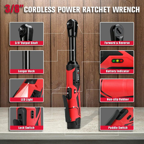 Cordless Electric Ratchet Wrench Set 3/8 Inch, 12V showing key features such as LED light, battery indicator, and non-slip grip