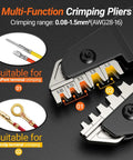 Pro Grade Heavy Duty Five In One Wire Crimping Tool for Dupont and Open Barrel Terminals, close-up of five precision jaws.