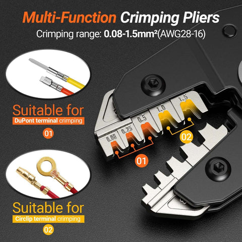 Pro Grade Heavy Duty Five In One Wire Crimping Tool for Dupont and Open Barrel Terminals, close-up of five precision jaws.