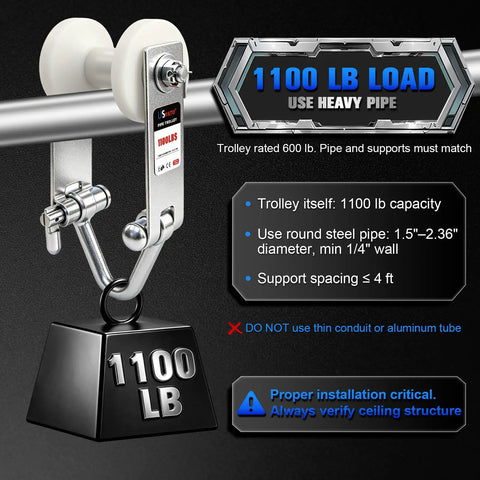 1100 Lb Heavy Duty Pipe Trolley For 1.37 To 2.36 In Round Pipe Overhead Garage Lift showing weight capacity and components