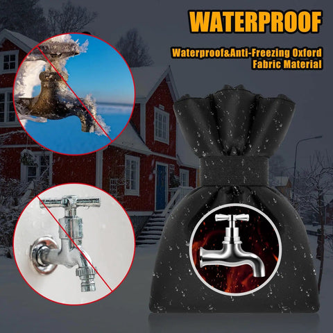 6 Pack 13 Feet Outdoor Pipe Cover Kit For Winter With Faucet Covers heavy duty freeze protection shown on faucet outdoors.