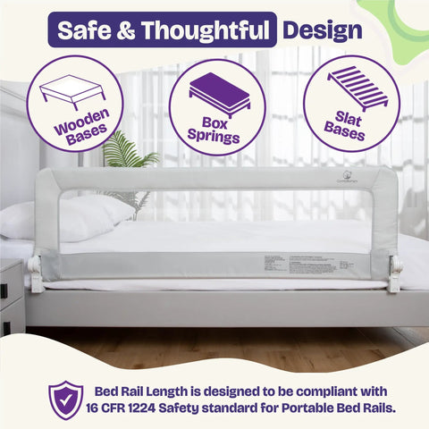 Keep Lil Ones Snuggled With This Smooth Swing Down Toddler Bed Rail on a twin mattress with wooden base in a bright room.