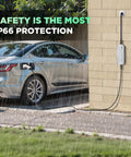 Level 1 EV Charger With 15A 110V NEMA 5 15 Plug Portable 20 Foot Cable Home Charging Station For All J1772 Electric Cars FCC CE Certified Weatherproof IP65 Auto Shutoff, shown charging a parked car in rain.