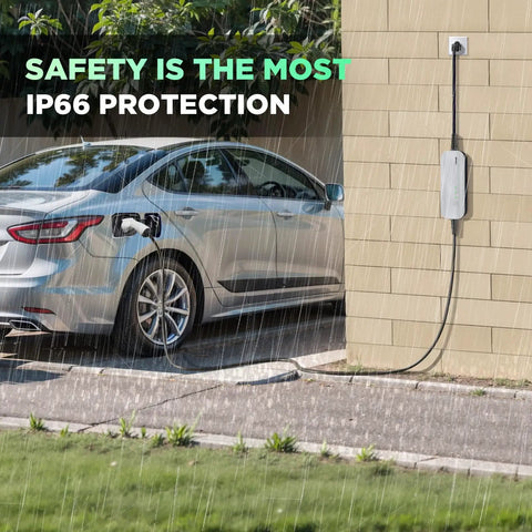 Level 1 EV Charger With 15A 110V NEMA 5 15 Plug Portable 20 Foot Cable Home Charging Station For All J1772 Electric Cars FCC CE Certified Weatherproof IP65 Auto Shutoff, shown charging a parked car in rain.