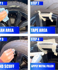 Steps showing Straight Up Do It Yourself Silver Wheel Restoration Kit For Fixing Busted Curb Rash Deep Scratches And Rust On Alloy Rims.