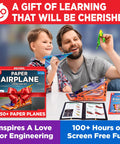 Father and son using DIY Paper Airplane Craft Kit With Launcher, 50 Planes In 5 Designs, STEM Fun For Kids Ages 6 Plus, Cool Toy