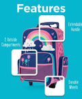 Stephen Joseph kids rolling luggage in blue and pink with rainbow design, two outside pockets, extendable handle, wheels