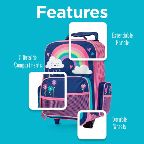 Stephen Joseph kids rolling luggage in blue and pink with rainbow design, two outside pockets, extendable handle, wheels