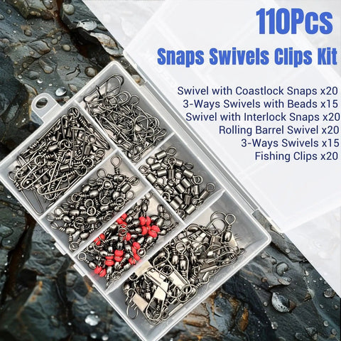 110 Piece Strong Fishing Snap Swivel Kit With Rolling Barrel Swivels 3 Way Line Connectors And Clips in tackle box