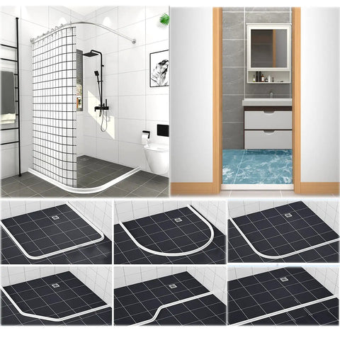 Three And A Half Inch Tall Collapsible Shower Threshold Dam 118 Inch Long Heavy Duty Water Barrier in black tiled shower