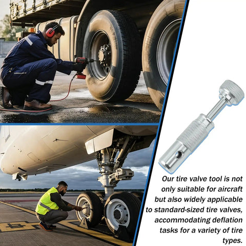Mechanic using Valve Stem Removal Tool for Aircraft Tire Valve Cores Standard Size Tire Valve Tool With Safe Air Release