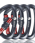 Four grey and red Beefy 25kN Locking Climbing Carabiners UIAA Certified Heavy Duty with knurl nut locking mechanism.