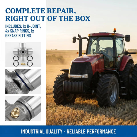 Beefy Universal Joint Kit For Tractor Driveshaft With Needle Bearing 441M in use with red tractor in field