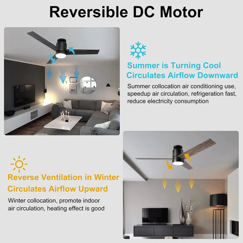 52 Inch Modern Black Ceiling Fan With Light And Remote Flush Mount Low Profile Ceiling Fan With 3 Wood Blades Dark Grey Finish