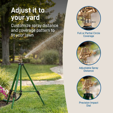 Beefed Up Heavy Duty Zinc Tripod Impact Sprinkler With 360 Degree Rotation And Adjustable Height High Pressure Nozzle spraying lawn