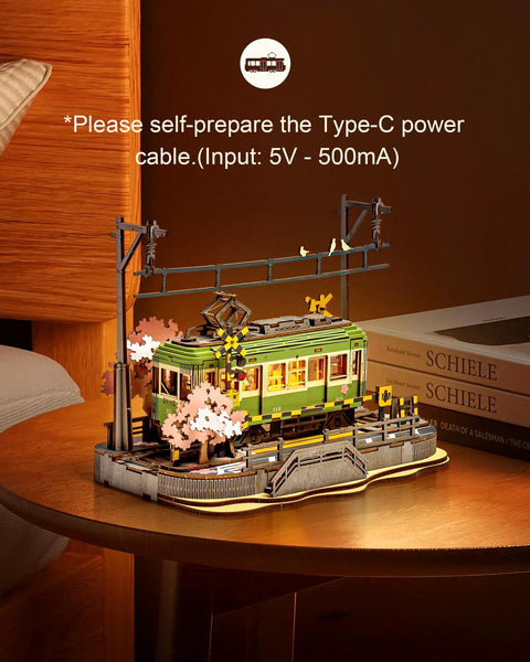 Sakura Journey Tram 3D Wooden Puzzle Kit For Adults 223 Pieces Hands On Model Car Building Set Chill DIY Craft Gift For Vintage Tram Lovers And Cherry Blossom Fans, green tram display