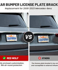 Comparison of rear bumper license plate brackets on a vehicle, highlighting improvements with Red Wolf model on the left.