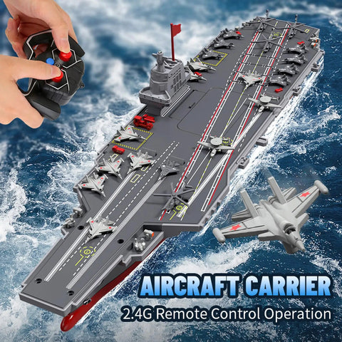 Remote Control Warship And Battleship Boat With 2.4G Control, Twin Motor High Speed RC Ship displayed with remote in water