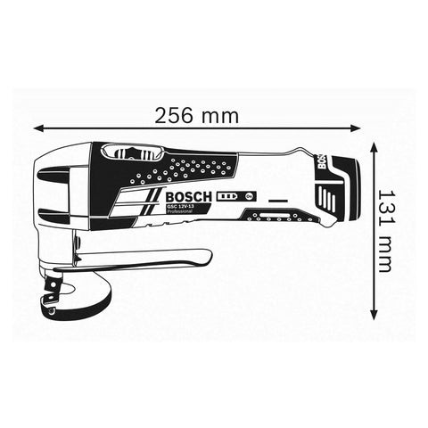 Heavy Duty Pro Grade 12V Cordless Metal Shear Cuts Steel Four Times Faster With Zero Sweat For Flawless Straight And Curved Cuts Up To One Point Three Millimeter Thick No Battery Or Charger side view with dimensions 256mm by 131mm.