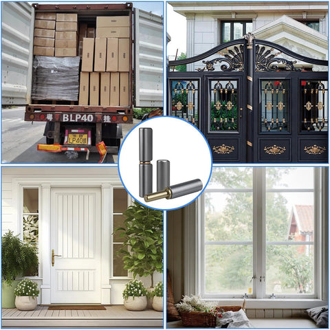 Heavy Duty Weld On Barrel Hinge Set Of 4 For Metal Swing Doors pictured with gates, trailer and home doors. Detachable and weatherproof.