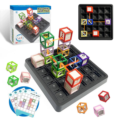 Laser Maze STEM Logic Toy For Kids Ages 8 To 13, interactive puzzle board with colorful blocks and challenge cards