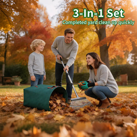 Family using Heavy Duty Garden Rake Set 62 Inch Rake With 72 Gallon Leaf Bag 18 Inch Wide 25 Tines Metal Rake Adjustable Handle Gloves