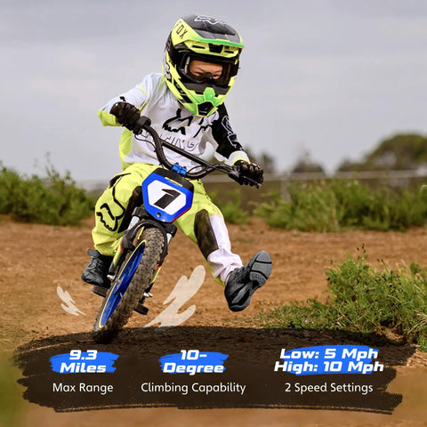 Kids Electric Dirt Bike For Ages 3 6, 170W Racing Grade Electric Motorcycle With Aluminum Frame, Dual Power Modes, 24V Detachable Battery, 12 Inch Knobby Tires, Off Road Mini Racer For Backyard Tracks, child riding on dirt track