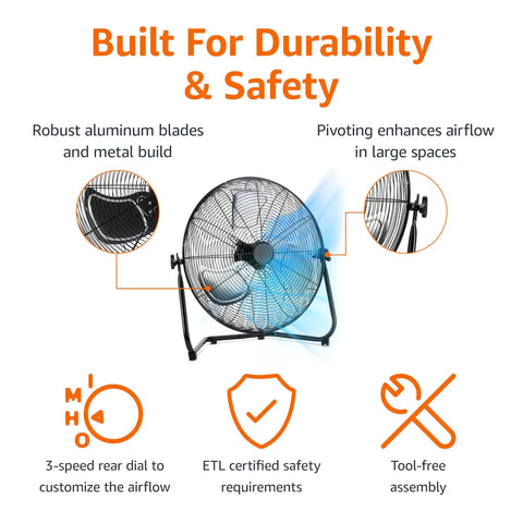 20 Inch High Velocity Industrial Floor Fan With 3 Speeds Tilt Head Metal Housing And Blades For Garage Gym Warehouse 125W Black ETL Listed Safety, showing robust design and airflow features