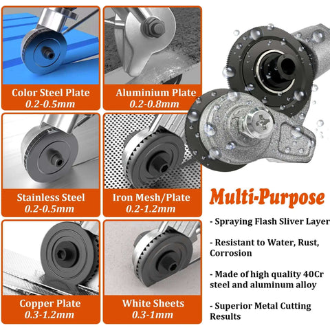 Sheet Metal Cutter Drill Attachment With Serrated Wheel For Nibbler Style Cutting, shown cutting various metals.
