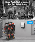 Before and after of garage using Power Tool Organizer Floor Stand With Charging Station For Garage Adjustable Storage Rack Tool Shelf With 8 Outlet Power Strip Heavy Duty Drill And Battery Holder Built To Last Black.