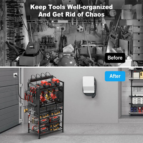 Before and after of garage using Power Tool Organizer Floor Stand With Charging Station For Garage Adjustable Storage Rack Tool Shelf With 8 Outlet Power Strip Heavy Duty Drill And Battery Holder Built To Last Black.