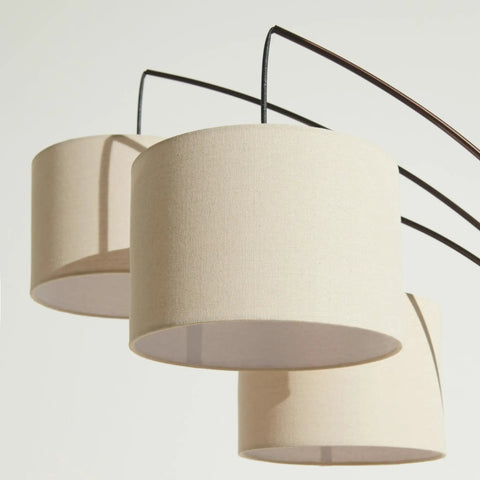 Three fabric shades of Trilage Arc Floor Lamp with LED bulbs, multi-head tree style in oil rubbed bronze.