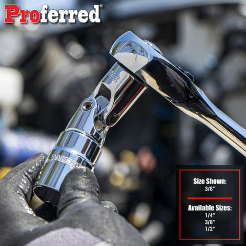 Heavy Duty 3/8 Inch Universal Joint Swivel Adapter Built Like A Tank With Forged Chrome Vanadium Steel features a shiny swivel design in use.
