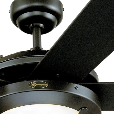 Close-up of Comet Indoor 52 Inch Ceiling Fan With Light In Matte Black Reversible Black And Black Marble Blades 16 Watt Dimmable LED Light Kit