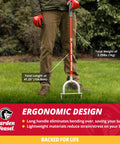 Person using Long Handle Core Lawn Aerator And Dethatcher For Grass showing ergonomic design, 41.25” length, 2.25 lbs weight.