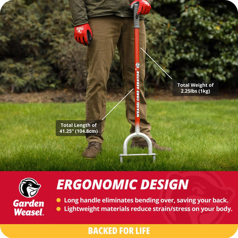 Person using Long Handle Core Lawn Aerator And Dethatcher For Grass showing ergonomic design, 41.25” length, 2.25 lbs weight.
