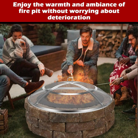 24 Inch Fire Pit Screen Cover With Handle And Poker, Stainless Steel Outdoor Round Mesh Lid Heavy Duty Replacement for backyard